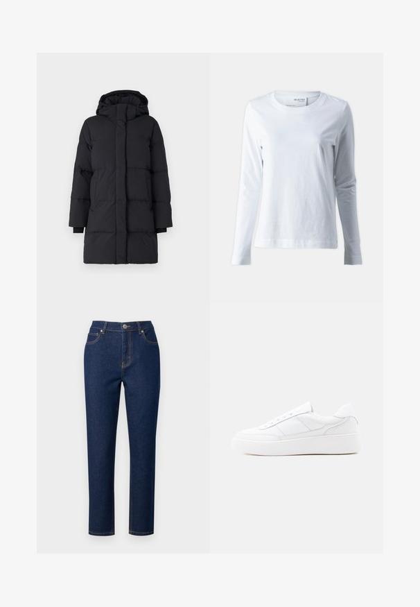 Abrigo acolchado negro con capucha, presenta un diseño acolchado, mangas largas, cierre frontal con cremallera y puños elásticos. Tejido suave y texturizado.; Camiseta blanca de manga larga hecha de algodón suave. Presenta un cuello redondo y mangas ajustadas. Textura suave con un diseño liso.; Jeans de denim azul oscuro con un corte recto, que presentan una cremallera, cierre de botón y costuras decorativas en los bolsillos y costuras.; Zapatilla blanca de corte bajo con suela gruesa, diseño con cordones y detalles de costura sutiles sobre un fondo claro y uniforme.