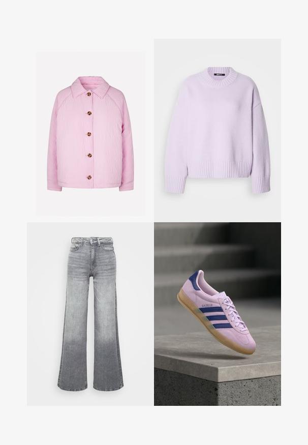 Veste matelassée rose avec un col, dotée de cinq grands boutons marron sur le devant et de manches raglan pour un ajustement décontracté.; Pull lilas en tissu doux, avec un col rond côtelé ainsi que des poignets et un ourlet côtelés. Coupe confortable et décontractée avec des épaules tombantes.; Jean en denim gris à jambe large avec un dégradé léger à foncé, featuring une taille haute, un design à cinq poches et une fermeture à bouton classique.; Baskets Adidas Gazelle violet clair avec des bandes bleu marine et une languette au talon, semelle en gomme, flottant au-dessus d’un rebord en pierre avec des escaliers flous en arrière-plan.
