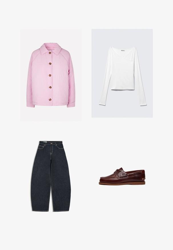 Veste matelassée rose avec un col, dotée de cinq grands boutons marron sur le devant et de manches raglan pour un ajustement décontracté.; Haut blanc à manches longues avec un design croisé et une poche. Fabriqué dans un tissu lisse et extensible. Coupé dans une coupe décontractée et ample.; Jean denim bleu foncé à jambes larges, taille haute, bouton à l'avant, fermeture éclair et design à cinq poches sur fond blanc.; Chaussure bateau en cuir marron avec lacets, détails de couture et logo Timberland sur le côté, présentée sur un fond blanc.