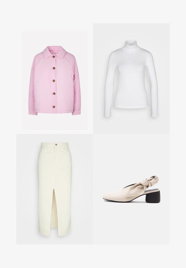 Veste matelassée rose avec un col, dotée de cinq grands boutons marron sur le devant et de manches raglan pour un ajustement décontracté.; Chemise à col roulé blanc à manches longues en tissu lisse et extensible. Offre une coupe ajustée et un col haut. Pas de motifs ni d'accents visibles.; Jupe midi en denim blanc avec une fente avant, design à cinq poches et fermeture à bouton en métal. Texture lisse, taille haute, silhouette droite.; Chaussure beige à talon bas pour femme avec un bout pointu et une sangle torsadée sur le cou-de-pied et le talon.