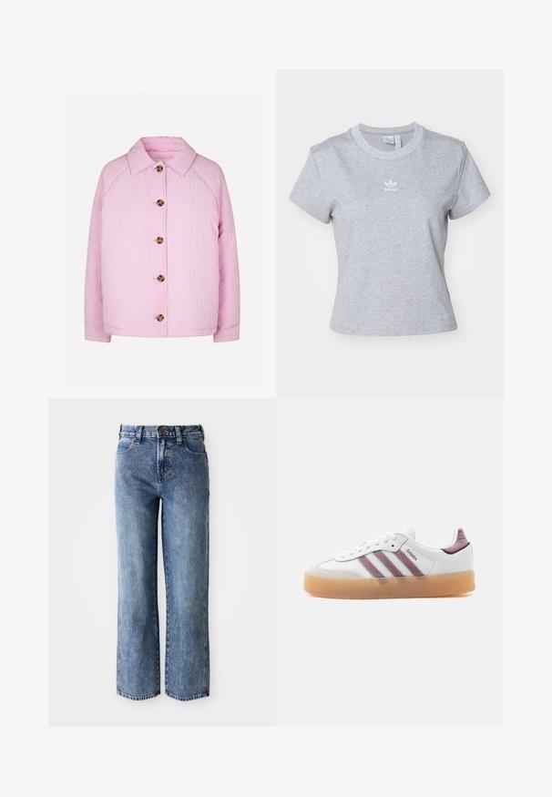 Veste matelassée rose avec un col, dotée de cinq grands boutons marron sur le devant et de manches raglan pour un ajustement décontracté.; adidas Originals ESS SLIM TEE - T-shirt basique - medium grey heather; Jeans en denim bleu taille haute à jambe droite avec poches avant, passants de ceinture et fermeture à bouton.; Baskets basses blanches avec semelle en gomme marron, bandes en suède mauve et accents au talon, portant la mention "SAMBA" sur le panneau latéral.