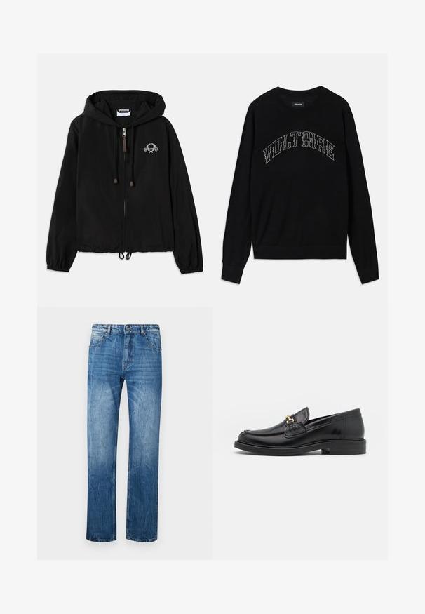 Schwarze Kapuzenjacke aus leichtem Stoff, mit einem Frontreißverschluss, elastischen Bündchen und einer dekorativen Stickerei in der Nähe der Brust.; Schwarzer Pullover mit Rundhalsausschnitt und langen Ärmeln. "VOLTAIRE" in kontrastierender Steppung über der Brust. Weicher Stoff und figurbetonter Schnitt.; Blaue Jeans aus Denim mit geradem Schnitt, ausgestattet mit fünf Taschen, Gürtelschlaufen und subtilen Ausbleichungen im Stoff.; Schwarze Lederleter mit einer abgerundeten Zehenpartie, ausgestattet mit goldenen Hardwareakzenten und Stichdetails, auf einer niedrigen, strukturierten Gummisohle.