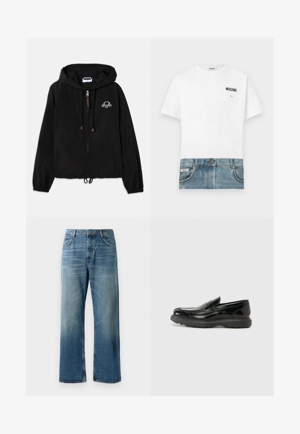 Sort hættetrøje lavet af letvægtsstof, med en frontlynlås, elastiske manchetter og en dekorativ brodering nær brystet.; Hvid T-shirt med denimtryk nederst, med lommer og syninger. "Moschino"-logo trykt på øverste venstre side.; Lysblå brede jeans med en falmet vask, prydet med enkeltknaplukning, fem lommer og kontrastsyede detaljer.; Sort læderloafer med en blank finish, rund tå, subtile syninger og en tyk gummisål for holdbarhed.