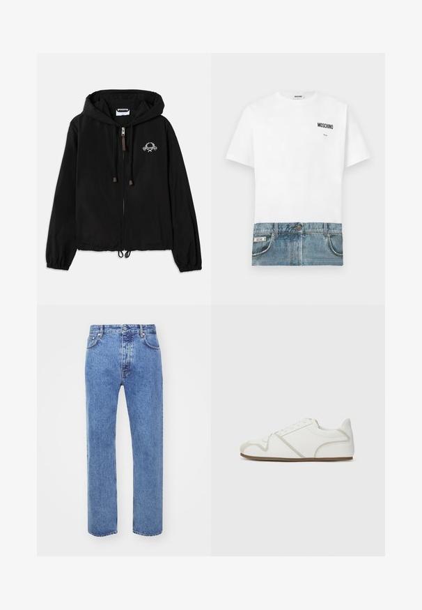 Sort hættetrøje lavet af letvægtsstof, med en frontlynlås, elastiske manchetter og en dekorativ brodering nær brystet.; Hvid T-shirt med denimtryk nederst, med lommer og syninger. "Moschino"-logo trykt på øverste venstre side.; Won Hundred STEVE - Jeans Relaxed Fit - cut blue; Hvide sneakers med en glat stofoverdel, beige accenter, en rund tå og en gummisål. Har snørebånd og sidesyninger.