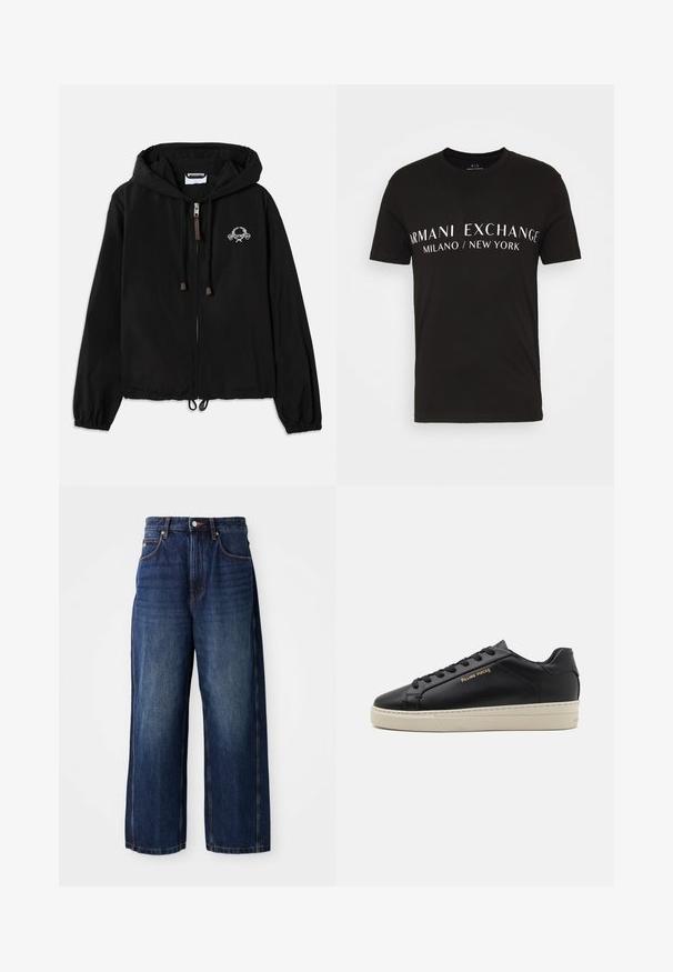 Sort hættetrøje lavet af letvægtsstof, med en frontlynlås, elastiske manchetter og en dekorativ brodering nær brystet.; Sort bomulds T-shirt med teksten "ARMANI EXCHANGE MILANO / NEW YORK" i hvid, med en klassisk rund hals og korte ærmer.; Mørkeblå vide jeans lavet af denim. Har en klassisk talje med bæltestropper, forlommer og en lige silhuet.; Sorte lædersneakers med en glat finish, kontrasterende cremefarvet sål, rund tå, guld logo på siden og seks huller til snørebånd.