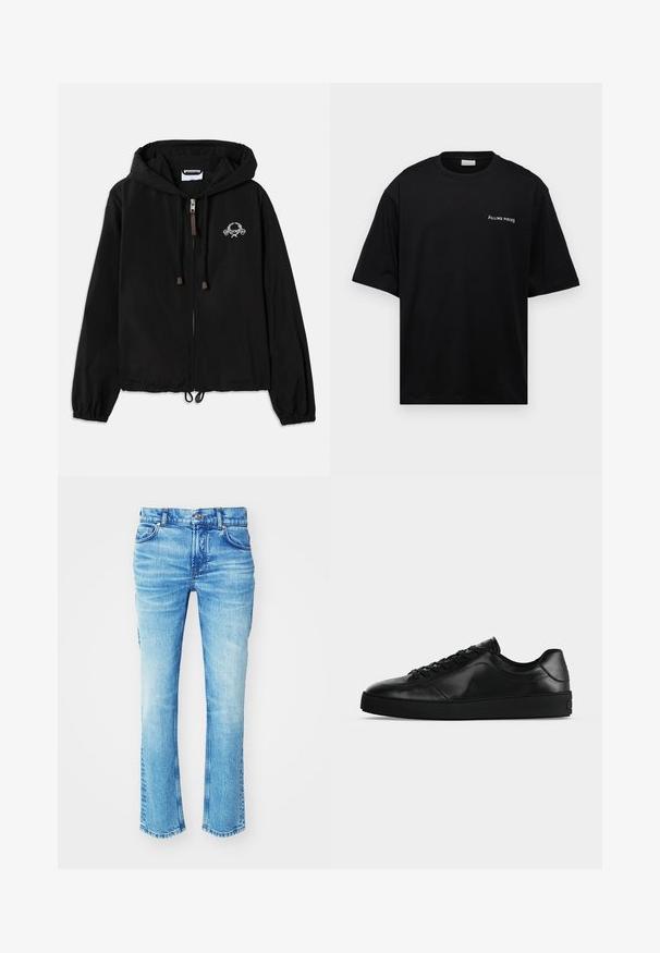 Sort hættetrøje lavet af letvægtsstof, med en frontlynlås, elastiske manchetter og en dekorativ brodering nær brystet.; Sort bomulds t-shirt med en afslappet pasform, korte ærmer og et hvidt "FILLING PIECES" logo på venstre bryst. Glat tekstur.; Blå denimjeans med en størkningsvask, lige ben-design og rå kant. Har fem lomme-styling og metalknapdetaljer.; Svært lavprofileret sort lædersneaker med snørebånd foran og tekstureret flad sål, vist fra siden på en neutral baggrund.