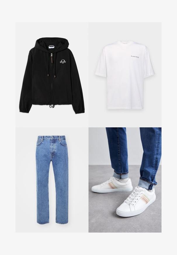 Sort hættetrøje lavet af letvægtsstof, med en frontlynlås, elastiske manchetter og en dekorativ brodering nær brystet.; Hvid kortærmet t-shirt i bomuld med v-hals, med et sort "FILLING PIECES" logo trykt på venstre side.; Won Hundred STEVE - Jeans Relaxed Fit - cut blue; Hvide lædersneakers med multicolore striber, snørebåndsdesign, gummisål og polstret krave, parret med blå denimjeans.