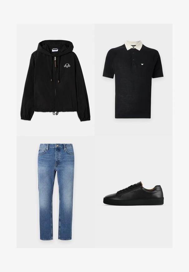 Schwarze Kapuzenjacke aus leichtem Stoff, mit einem Frontreißverschluss, elastischen Bündchen und einer dekorativen Stickerei in der Nähe der Brust.; Schwarzes Polohemd mit kurzen Ärmeln, weißem Kragen, drei schwarzen Knöpfen und kleinem weißem Adler-Logo auf der linken Brust.; Blaue Jeans aus Denim mit geradem Bein, heller Waschung, klassischem Fünf-Taschen-Stil und vorderem Knopfverschluss.; Schwarzer flacher Ledersneaker mit schwarzen Schnürsenkeln, strukturierter Gummisohle und kleinem eingeprägtem Logo an der Seite, im Profil vor grauem Hintergrund gezeigt.