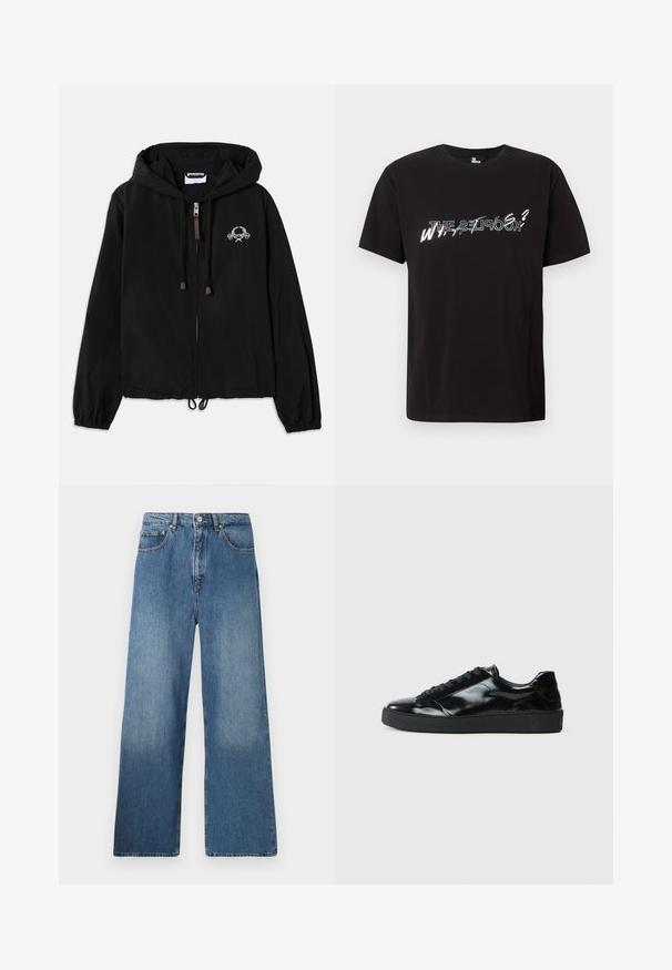 Schwarze Kapuzenjacke aus leichtem Stoff, mit einem Frontreißverschluss, elastischen Bündchen und einer dekorativen Stickerei in der Nähe der Brust.; Schwarzes T-Shirt mit kurzen Ärmeln und rundem Ausschnitt, bedruckt mit übereinander liegenden Texten "THE KOOPLES?" und "WHY?" in Weiß und Grau auf der Brust.; Breite blaue Denim-Jeans mit klassischem Fünf-Taschen-Design, Knopfverschluss vorne und leichtem Verblassen für Textur.; Schwarze Lackledersneaker mit runder Zehenform, Schnürdesign, strukturiertem Gummisohle und glatter Oberfläche.