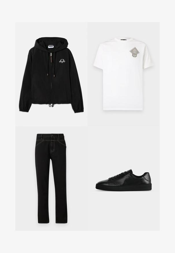 Schwarze Kapuzenjacke aus leichtem Stoff, mit einem Frontreißverschluss, elastischen Bündchen und einer dekorativen Stickerei in der Nähe der Brust.; Weißes Baumwoll-T-Shirt mit einem grauen, diamantförmigen Logo auf der linken Brust. Kurze Ärmel, Rundhalsausschnitt und normale Passform.; Schwarze Denim-Jeans mit geradem Schnitt, versehen mit gelben Nähten, fünf Taschen und einem vorderen Knopfverschluss. Glatte Textur und minimalistisches Design.; Niedrig geschnittener schwarzer Ledersneaker mit Schnürung vorne und strukturierter flacher Sohle, seitlich auf neutralem Hintergrund gezeigt.