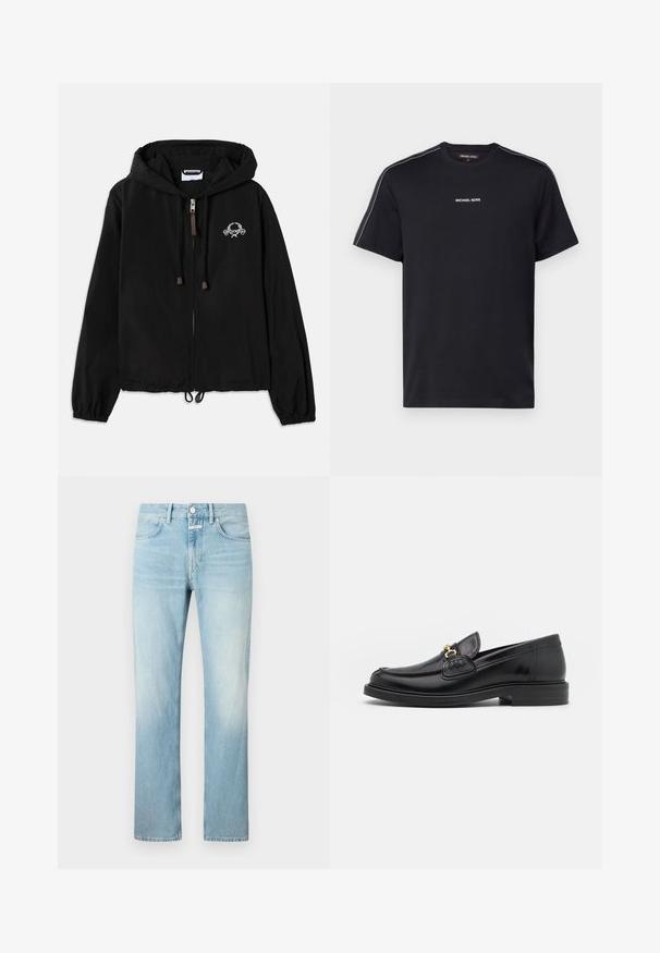 Sort hættetrøje lavet af letvægtsstof, med en frontlynlås, elastiske manchetter og en dekorativ brodering nær brystet.; Sort bomulds-t-shirt med korte ærmer, rund halsudskæring og hvid "MICHAEL KORS" tekst på brystet med kontrasterende sidelister.; Lysblå denimjeans med lige ben, der har et klassisk femlomme-design og en knappelukning.; Sorte læder loafers med en rund tå, der har guld hardware accent og syningsdetaljer, placeret på en lav, tekstureret gummisål.
