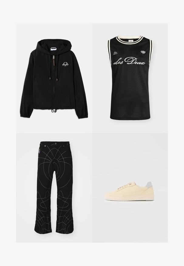 Schwarze Kapuzenjacke aus leichtem Stoff, mit einem Frontreißverschluss, elastischen Bündchen und einer dekorativen Stickerei in der Nähe der Brust.; Schwarzes ärmelloses Mesh-Sporttrikot mit weißem Besatz, vorne mit "Les Deux" bestickt, mit "Estb 2011" und kleinen Logodetails.; Schwarze Hose mit weißen abstrakten Nähten. Merkmale sind standardmäßige Taschen, Knopfverschluss und ein gerades Bein-Design. Strukturierter Stoff.; Beiger Sneaker in niedrigem Design mit Schnürverschluss vorne, hellrosa Sohle und grauem Fersenlasche mit der Marke "Filling Pieces", seitlich auf neutralem Hintergrund gezeigt.