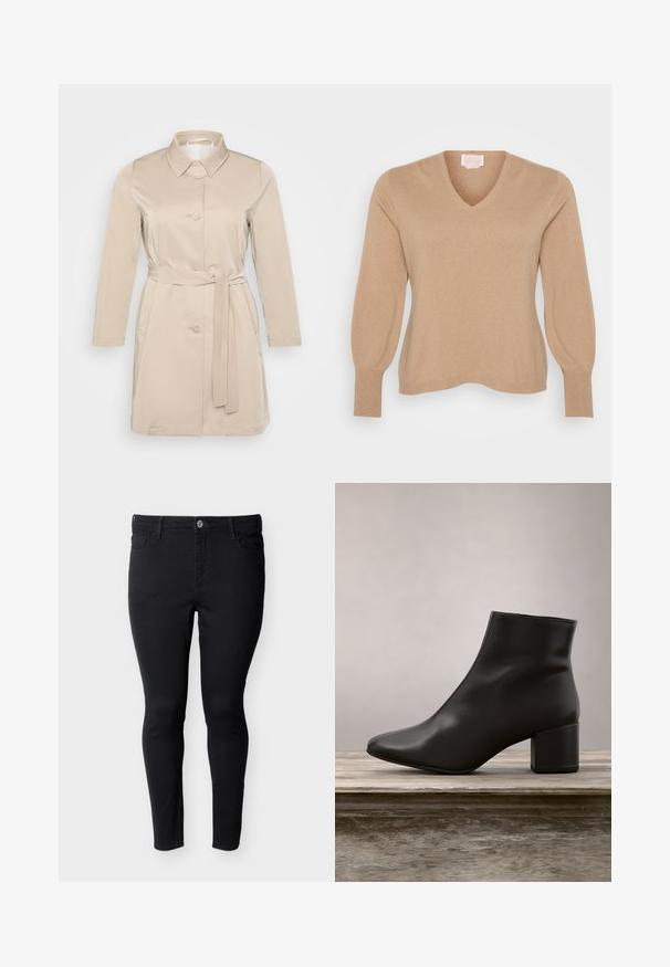 Beige trenchcoat med krave, lange ærmer, frontknapper og bindebælte i taljen. Lavet af blød, letvægtsstof.; Beige V-hals sweater med ribbede manchetter og let puffede lange ærmer. Lavet af blødt materiale med en glat tekstur.; Sorte slim fit-jeans med fem lommer og knaplukning, vist på en hvid baggrund.; Sorte læder ankelstøvle med spids tå og en lav, firkantet hæl, svævende over en træoverflade, med en glat tekstur.