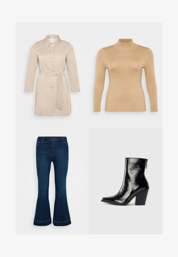 Beige Trenchcoat mit Kragen, langen Ärmeln, Knöpfen vorne und Taillengürtel. Hergestellt aus glattem, leichtem Material.; Beige Rollkragenoberteil mit langen Ärmeln, gerippter Textur, enganliegendem Schnitt und hohem Kragen. Glattes Material ohne sichtbare Verzierungen.; Dunkelblaue, ausgestellte Jeans aus Denim, mit fünf Taschen, Knopfverschluss und Kontrastnähten am Saum.; Schwarze Leder-Ankle Boots mit glänzendem Finish, spitzer Zehenform und Blockabsatz. Verfügt über einen seitlichen Reißverschluss für ein einfaches Anziehen.