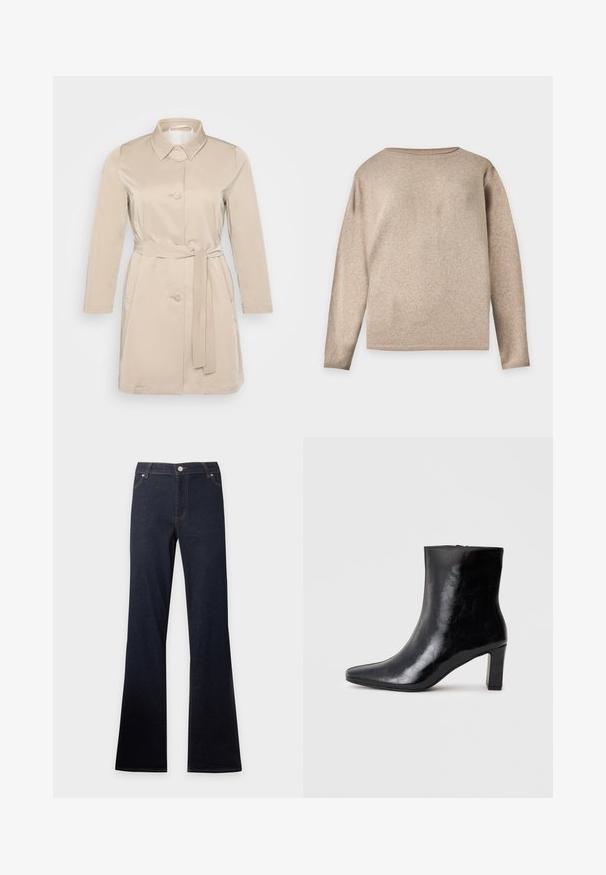 Beige trenchcoat met een kraag, lange mouwen, knopen aan de voorkant en een ceintuur in de taille. Gemaakt van gladde, lichte stof.; Beige gebreide trui met lange mouwen, een ronde hals en geribbelde manchetten en zoom, weergegeven op een effen lichte achtergrond.; Donkerblauwe spijkerbroek met een hoge taille en uitlopende pijpen, met voorzakken, een knoop en rits.; Zwarte enkellaars gemaakt van glanzend leer, met een puntige neus en een gemiddelde blokhak, voorzien van een gladde textuur en een eenvoudig ontwerp.