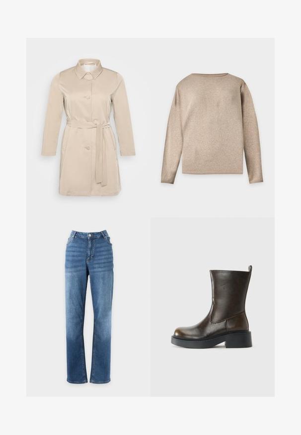 Beige trenchcoat med krave, lange ærmer, frontknapper og bindebælte i taljen. Lavet af blød, letvægtsstof.; Beige langærmet strikket trøje med rund halsudskæring og ribstrikkede manchetter og kant, vist på en ensfarvet lys baggrund.; Blå straight-fit jeans med knap- og lynlåslukning, for- og baglommer, vist på en ensfarvet hvid baggrund.; Mørkebrune læderstøvler til midten af læggen med rund tå, tyk sort sål, lav blokhælel og en trækflap bagpå.