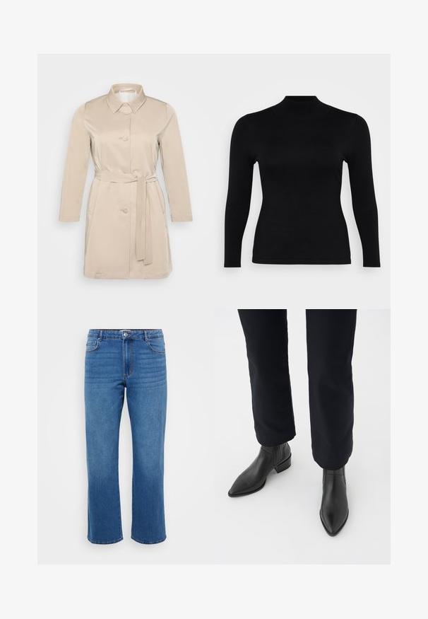 Beige trenchcoat med krave, lange ærmer, frontknapper og bindebælte i taljen. Lavet af blød, letvægtsstof.; Sort langærmet turtleneck top lavet af blødt, glat stof. Slim fit med høj hals og lige kant, præget af minimale sømme og uden mønstre.; Blå denimjeans med lige ben, der har en knaplukning, klassisk fem-lomme design og en subtil falmet tekstur på lårene.; Sorte læder ankelstøvler med spids tå, blokhæl og teksturerede sidepaneler, båret med mørke bukser mod en hvid baggrund.
