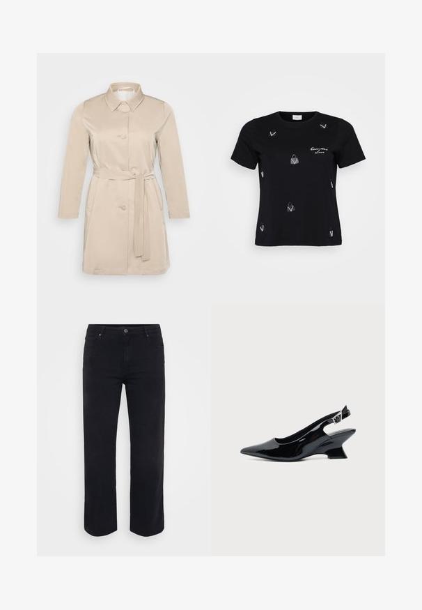 Beige trenchcoat med krave, lange ærmer, frontknapper og bindebælte i taljen. Lavet af blød, letvægtsstof.; Sort bomulds T-shirt med korte ærmer, prydet med spredte hvide håndtaskemotiver og et skriftligt design, der siger "Essential Love."; Sorte denimjeans med lige ben-design. Funktioner inkluderer en knaplukning i taljen, bæltestropper og front-/baglommer. Glat tekstur.; Sort laklæder slingback sko med spids tå og lav vinklet blokhæl på ensartet lys baggrund.