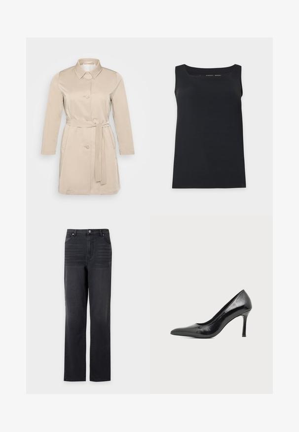 Beige trenchcoat med krave, lange ærmer, frontknapper og bindebælte i taljen. Lavet af blød, letvægtsstof.; Sort ærmeløs tanktop med firkantet halsudskæring, vist på en enkel lys baggrund.; Sorte jeans med lige ben, frontlommer og bæltestropper, vist mod en hvid baggrund.; Sort laklæder damestilet med spids tå og slank hæl på en ensartet lys baggrund.