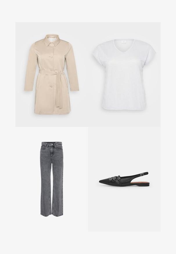 Beige Trenchcoat mit Kragen, langen Ärmeln, Knöpfen vorne und Taillengürtel. Hergestellt aus glattem, leichtem Material.; Weißes, kurzärmliges V-Ausschnitt-T-Shirt mit einem subtilen Schimmer-Effekt, das einen lässigen Schnitt aufweist und keine sichtbaren Muster oder Akzente hat.; Graue Denim-Jeans mit hoher Taille und geradem Bein, vorne mit Knöpfen und Reißverschluss sowie klassischem Fünf-Taschen-Design.; Schwarze Leder-Slingback-Ballerina mit spitzem Zeh, ausgestattet mit zwei horizontalen Riemen und quadratischen silbernen Schnallen, mit flachem Absatz und glatter Oberfläche.