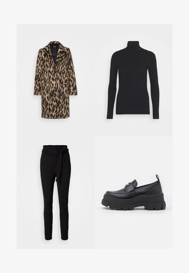 Leopard-print frakke lavet af blødt pelslignende materiale, med klippede krave, forreste knaplukning og to sidelommer.; Sort ribbet rullekravesweater med lange ærmer og en tætsiddende silhuet. Teksturen er glat med et vandret ribmønster.; Sorte bukser med høj talje og en bælte detalje, der er bundet. Fremstillet af blødt stof, som har en glat tekstur og tætsiddende ben-design.; Sort læderloafer med tyk rillede sål, mok tå syning, remdetalje over toppen og trækstrop på hælen, vist i sideprofil.
