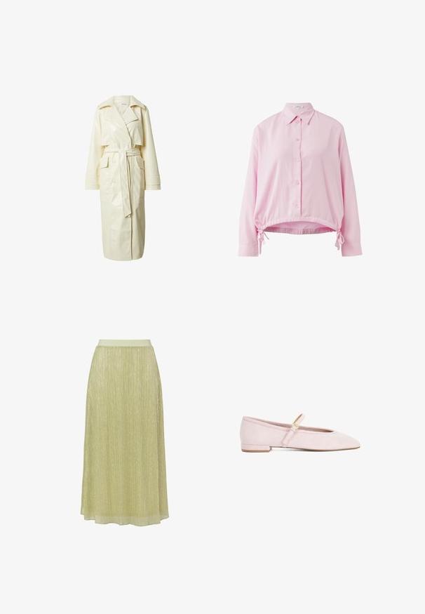 Crème-kleurige faux leren trenchcoat met een ceintuur in de taille, brede revers, dubbelzijdige sluiting aan de voorkant en twee voorzakken, met een knielange uitstraling.; Lichtroze overhemd met knopen, een kraag, lange mouwen en aangetrokken trekkoorden aan de zoom. Gladde stof met een relaxte pasvorm.; Lichtgroene midi-rok met subtiele verticale glanslijnen en elastische tailleband, luchtige en semi-transparante stof.; Lichtroze suède Mary Jane platte schoen met een kleine hak en een gouden gesp aan de wreef op een witte achtergrond.