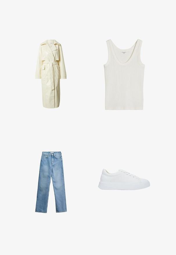 Crème-kleurige faux leren trenchcoat met een ceintuur in de taille, brede revers, dubbelzijdige sluiting aan de voorkant en twee voorzakken, met een knielange uitstraling.; Witte geribde mouwloze tanktop met afgeronde halslijn en "Marc O'Polo Denim" label binnenin de kraag.; Lichtblauwe jeans met hoge taille en rechte pijpen, voorzien van een voorste knoop en rits, taillebandlussen en een ontwerp met vijf zakken, afgebeeld tegen een witte achtergrond.; Witte leren sneakers met een ronde neus, platte veters en een dikke rubberen zool. Gladde textuur met minimale stikseldetails.