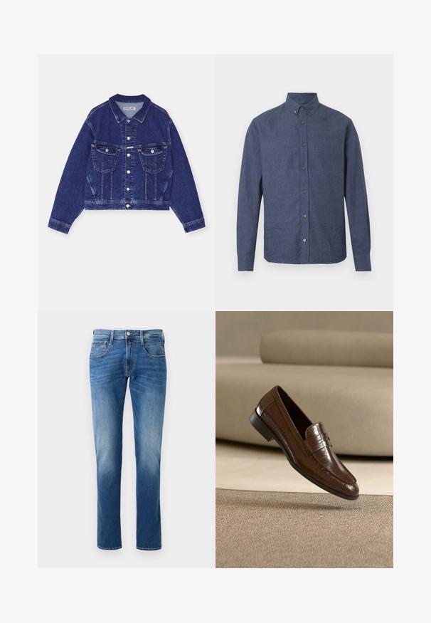 Jeansjacke, dunkelblau, taillierte Form, Knopfverschluss vorne, zwei Brusttaschen mit Klappen, kontrastierende Nähte, lange Ärmel mit Knopfmanschetten.; Dunkelblaues Hemd mit langen Ärmeln, Kragen und subtiler Textur, das sechs Knöpfe auf der Vorderseite hat.; Herren Jeans aus blauem Denim mit einem verwaschenen Finish, gerader Beinschnitt, fünf Taschen und einem Knopfverschluss vorne. Genähte Akzente an den Taschen.; Brauner Leder-Slipper mit strukturierter Musterung, der über einem beigen Teppich schwebt, vor einem beigen Sofa im Hintergrund.