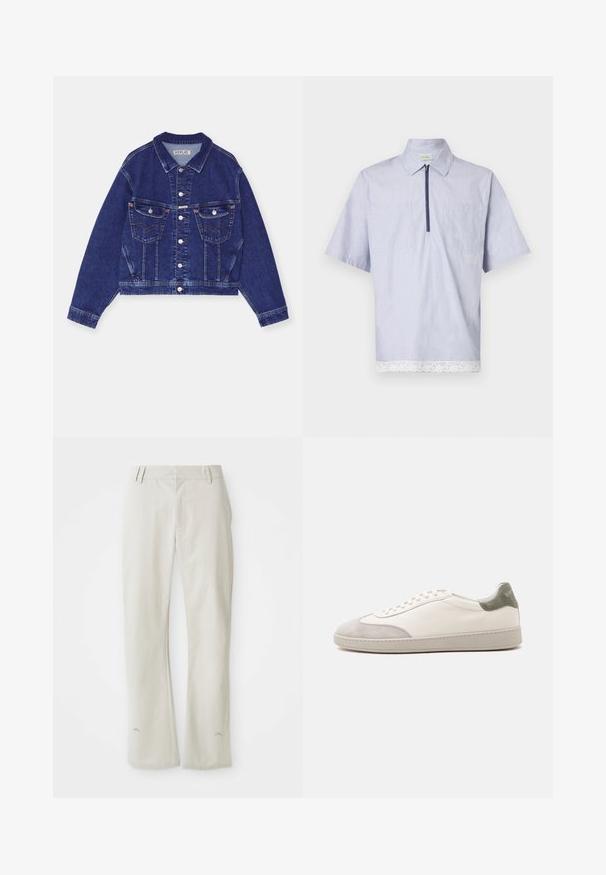 Jeansjacke, dunkelblau, taillierte Form, Knopfverschluss vorne, zwei Brusttaschen mit Klappen, kontrastierende Nähte, lange Ärmel mit Knopfmanschetten.; Kurzärmliges Hemd mit Kragen aus hellblauem Stoff, mit einem Frontreißverschluss, zwei Brusttaschen und einem weißen Spitzenbesatz am Saum.; Hellgraue, gerade geschnittene Hose aus glattem Material. Mit Fronttaschen, Gürtelschlaufen und einem dezenten Logo nahe dem Saum.; Weißer niedriger Sneaker mit hellgrauen Wildleder-Akzenten an Zehen und Ferse, weißen Schnürsenkeln und einer flachen beigen Sohle, von der Außenseite gezeigt.