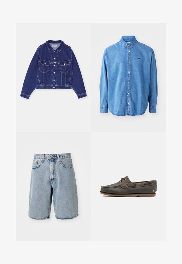 Jeansjacke, dunkelblau, taillierte Form, Knopfverschluss vorne, zwei Brusttaschen mit Klappen, kontrastierende Nähte, lange Ärmel mit Knopfmanschetten.; Denim-Hemd mit Knöpfen, hellblau, mit Punktkragen, langen Ärmeln und kleinem Logo auf der Brust. Verfügt über weiße Knöpfe und genähte Nähte.; Helle blaue Denim-Shorts mit hoher Taille, geradem Schnitt, ausgefranstem Saum, fünf Taschen und Knopfverschluss. Sichtbare, abgenutzte Textur.; Dunkelbraune Lederbootsschuh mit niedrigem Profil, ausgestattet mit Messingösen und kontrastierendem Stich, flacher Gummisohle und strukturiertem Finish.