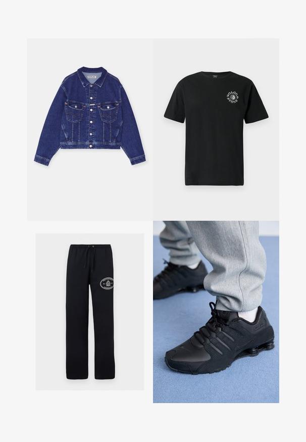 Jeansjacke, dunkelblau, taillierte Form, Knopfverschluss vorne, zwei Brusttaschen mit Klappen, kontrastierende Nähte, lange Ärmel mit Knopfmanschetten.; Schwarzes Baumwoll-T-Shirt mit kurzen Ärmeln, versehen mit einem weißen Grafiklogo auf der linken Brust. Klassisches Rundhalsdesign. Normale Passform.; Schwarze Sweatpants mit geradem Bein, elastischem Bund, Kordelzug und weißem rundem Nike Sportswear-Logo am rechten Oberschenkel.; Person in schwarzen Nike Shox Sneakers und grauen Jogginghosen, der auf einem hellblauen Teppich steht.
