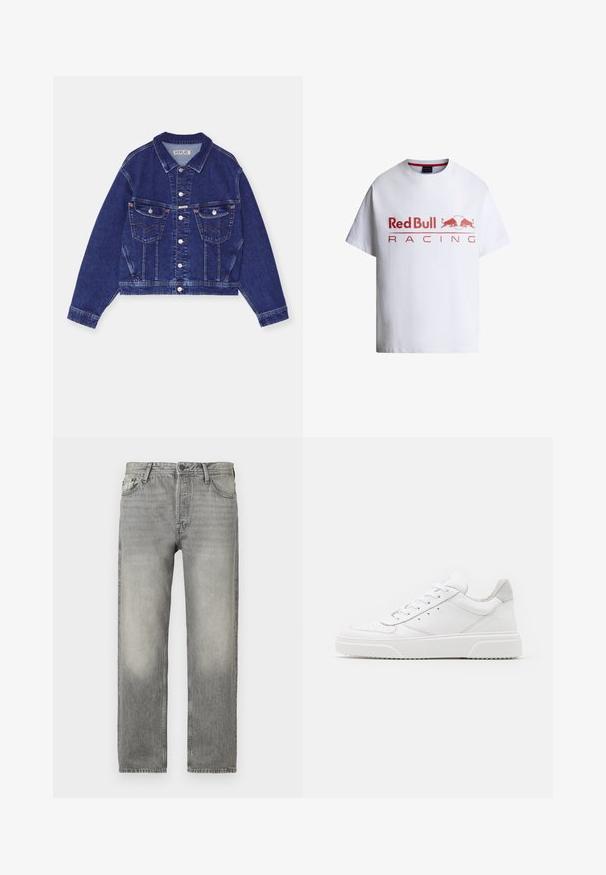 Denim jas, donkerblauw, cropped design, knoopsluiting, twee borstzakken met kleppen, contrasterende stiksels, lange mouwen met knoopmanchetten.; Wit T-shirt met korte mouwen met rode "Red Bull Racing" tekst en twee rode stieren die elkaar tegenoverstaan in een cirkelvormig logo aan de voorkant.; Grijze denim jeans met een relaxte pasvorm, voorzien van een vervagende wassing, vijf zakken, knoopsluiting en een rechte pijp.; Witte leren sneakers met een gladde afwerking, ronde neus, platte veters en een gestructureerde zool. Grijze suède accent bij de hiel.
