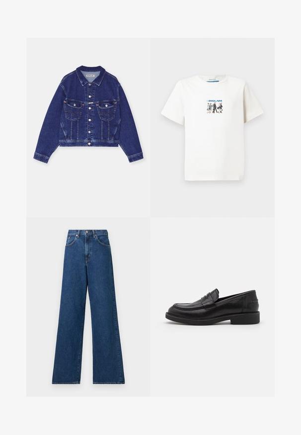 Jeansjacke, dunkelblau, taillierte Form, Knopfverschluss vorne, zwei Brusttaschen mit Klappen, kontrastierende Nähte, lange Ärmel mit Knopfmanschetten.; Weißes T-Shirt mit kurzen Ärmeln, das eine kleine Grafik von fünf gehenden Flugbegleitern der Pan Am und das Pan Am-Logo in Blau zeigt.; Weite blaue Denim-Jeans mit hohem Bund, ausgestattet mit Gürtelschlaufen und Vordertaschen. Der Stoff hat eine glatte Textur und minimale Nähte.; Schwarze Lederloafer mit abgerundetem Zeh, farblich abgestimmtem Nähen und einem Riemendetail an der Vorderseite. Gummi-Sohle mit niedrigem Absatz.