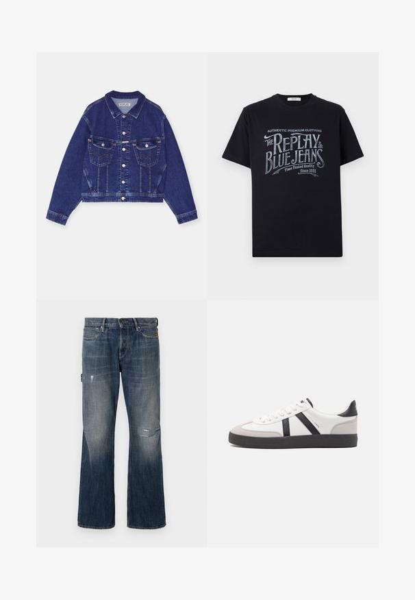 Jeansjacke, dunkelblau, taillierte Form, Knopfverschluss vorne, zwei Brusttaschen mit Klappen, kontrastierende Nähte, lange Ärmel mit Knopfmanschetten.; Schwarzes Baumwoll-T-Shirt mit kurzen Ärmeln und rundem Halsausschnitt, mit einem grafischen Textdesign im Vintage-Stil in Weiß und hellblau auf der Vorderseite.; Dunkelblaue Denim-Jeans mit einer verwaschenen Optik. Sie verfügen über einen weiten Schnitt, distressed Details einschließlich eines Risses und ein klassisches Fünf-Taschen-Design.; Weiße Sneaker mit schwarz- und grau-aczenten, ausgestattet mit einer strukturierten grauen Zehenkappe, schwarzer Gummi-Sohle und flachen weißen Schnürsenkeln. Sauberes Design, minimalistische Stil.