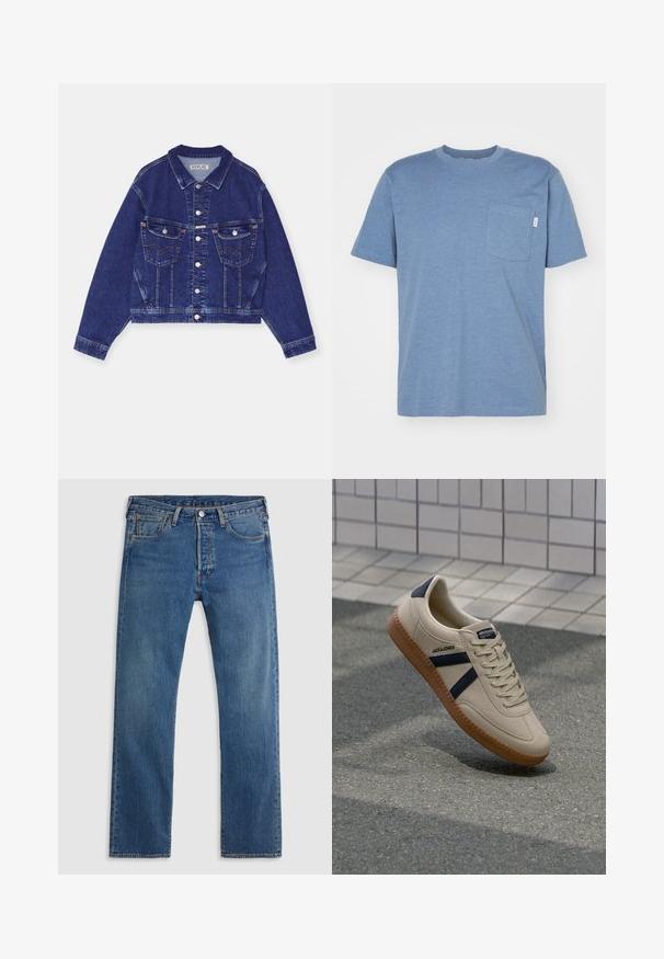 Denim jas, donkerblauw, cropped design, knoopsluiting, twee borstzakken met kleppen, contrasterende stiksels, lange mouwen met knoopmanchetten.; Blauwe t-shirt met korte mouwen van zacht materiaal, voorzien van een borstzak en een ronde hals. Eenvoudig ontwerp zonder extra patronen.; Blauwe rechte denim jeans met vijf zakken, riemlussen en een sluiting met een knoop en ritssluiting aan de voorkant, op een effen achtergrond.; Beige sneaker met een textuurafwerking, marineblauwe strepen en een rubberen zool. Heeft een gevoerde tong en een traditioneel vetersysteem voor een veilige pasvorm.
