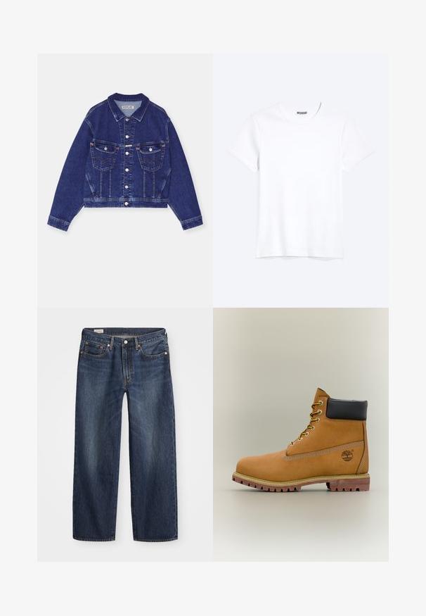 Jeansjacke, dunkelblau, taillierte Form, Knopfverschluss vorne, zwei Brusttaschen mit Klappen, kontrastierende Nähte, lange Ärmel mit Knopfmanschetten.; Schlichtes weißes T-Shirt mit kurzen Ärmeln und Rundhalsausschnitt mit gut sichtbarem WEEKDAY-Label am Kragen, dargestellt auf hellem Hintergrund.; Dunkelblaue Jeans aus Denim mit geradem Bein, fünf Taschen-Design, Metallknopf und Reißverschluss, sowie subtilen Auswaschungen.; Brauner Leder-Stiefelette mit schwarzem Kragen, gelben Schnürsenkeln und hellbrauner Sohle. Verfügt über ein Logo und weiße Ziernähe. Robuste Profilsohle.