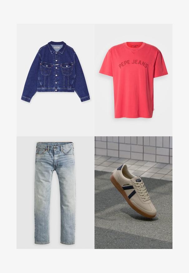 Jeansjacke, dunkelblau, taillierte Form, Knopfverschluss vorne, zwei Brusttaschen mit Klappen, kontrastierende Nähte, lange Ärmel mit Knopfmanschetten.; Korallenfarbenes Baumwoll-T-Shirt mit kurzen Ärmeln und Rundhalsausschnitt. Mit dem Schriftzug "PEPE JEANS" in dunklen Buchstaben auf der Brust.; Hellblaue gerade geschnittene Jeans mit Knopfverschluss, Fronttaschen und Gürtelschlaufen, flach auf weißem Hintergrund präsentiert.; Beige Sneaker mit strukturierter Oberfläche, dunkelblauen Streifen und Gummisohle. Verfügt über eine gepolsterte Zunge und ein traditionelles Schnürsystem für einen sicheren Sitz.