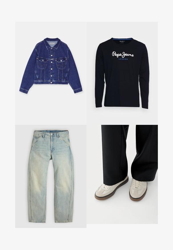 Jeansjacke, dunkelblau, taillierte Form, Knopfverschluss vorne, zwei Brusttaschen mit Klappen, kontrastierende Nähte, lange Ärmel mit Knopfmanschetten.; Schwarzes Langarm-T-Shirt aus Baumwollstoff, mit dem weißen und blauen Logo-Text "Pepe Jeans London" centriert auf der Brust.; Hellblaue Jeans mit weitem Bein aus Denim. Sie verfügen über fünf Taschen, einen Knopfverschluss und ausgewaschene Bereiche für einen getragenen Look.; Füße mit beigen Sneakers mit braunen Sohlen und schwarzen Hosen mit weitem Bein auf weißem Hintergrund.