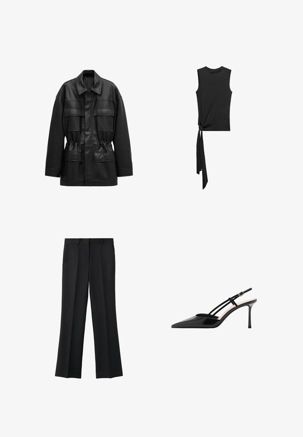 Veste noire en cuir synthétique avec manches longues, quatre poches à rabat sur le devant, taille cintrée et col classique.; Mango Débardeur - black; Pantalon formel noir droit avec pli devant, poches latérales et passants de ceinture, présenté sur fond blanc.; Escarpin slingback en cuir verni noir avec bout pointu, fine bride réglable et talon aiguille. Texture lisse et détails minimalistes.