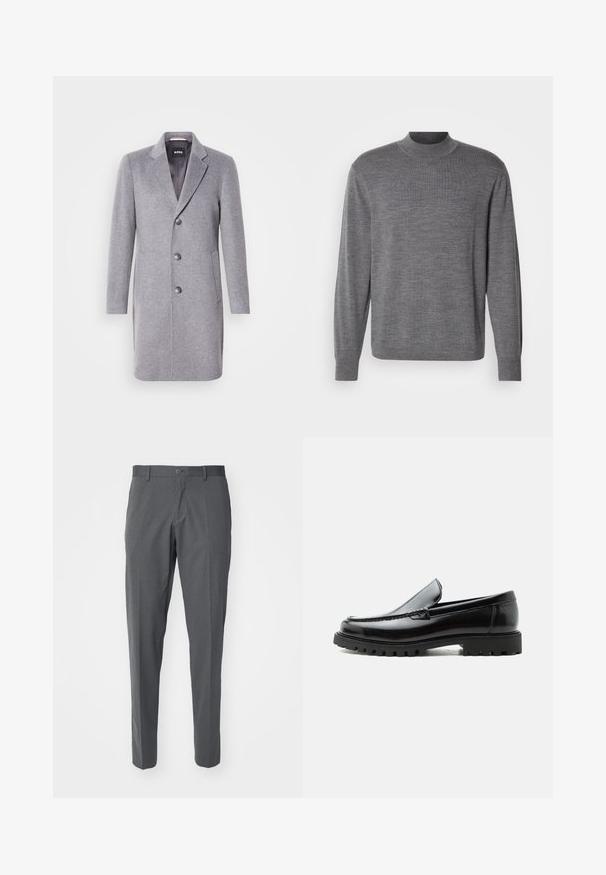 Grå uldfrakke med krave, tre knaplukninger, sidelommer og en glat indvendig foring. Klassisk skræddersyet form.; Grå langærmet sweater lavet af strikket materiale, med en høj hals og et subtilt logo på brystet. Glat tekstur og tætsiddende design.; Grå bukser lavet af et glat stof, der har en knaplukning, forlommer og en slim fit-design.; Sort læderloafer med chunky gummisål, syet overdel og præget mærkenavn på hælen, vist i sideprofil på hvid baggrund.