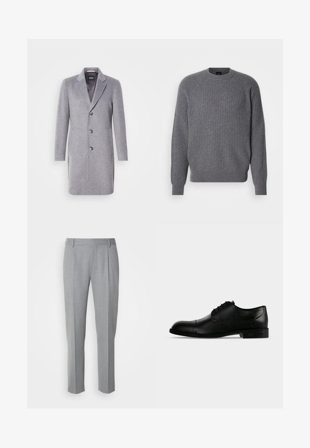 Grå uldfrakke med krave, tre knaplukninger, sidelommer og en glat indvendig foring. Klassisk skræddersyet form.; Grå ribbet strikket langærmet sweater med rund halsudskæring og ribbede manchetter, vist på en enkel hvid baggrund.; Grå skræddersyede bukser med en glat tekstur, som har en flad front, lige ben og diskrete folder for ekstra detalje.; Sort læder herres formelle oxford sko med lukket snørelukning, kap tå og lav stablet hæl vist fra ydersiden.