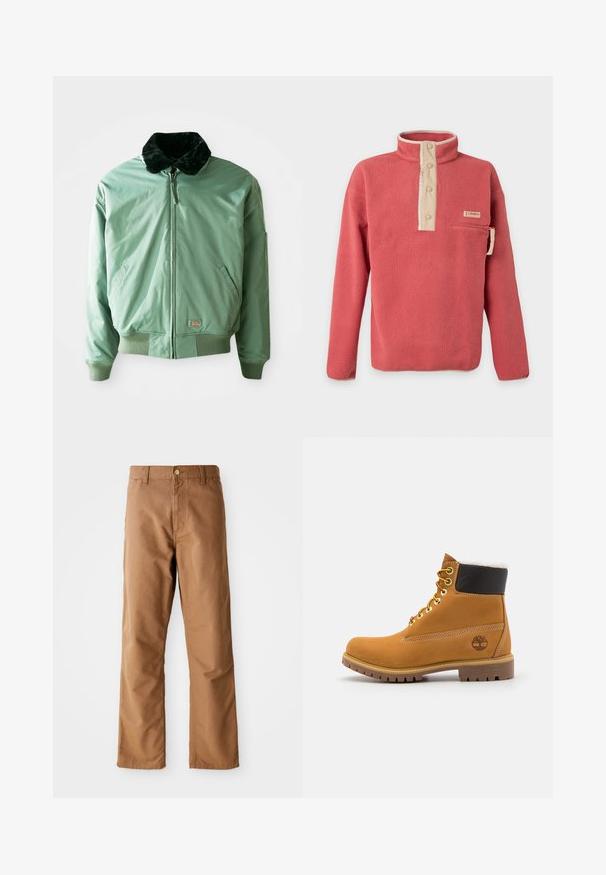 Groene bomberjack met een zwart nepmoffelkragen, ritssluiting, geribde manchetten en tailleband, en zijzakken. Glad, glanzend materiaal.; Koraalrode fleece trui met beige drukknopenbies, borstzak met rits en lange mouwen, gemaakt door Columbia.; Bruine rechte broek met riemlussen, voorkant zakken, knoopsluiting en rits op een witte achtergrond.; Bruine leren enkellaars met metalen oogjes, witte faux bont voering, zwarte gewatteerde kraag, robuuste zool en een reliëflogo aan de zijkant.