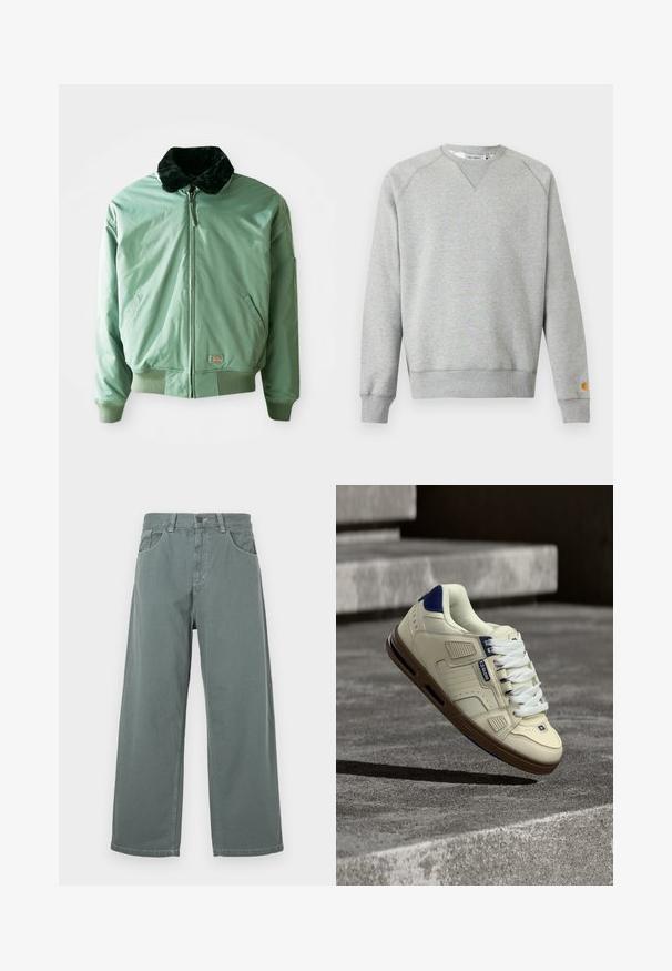 Zelená bomber bunda s čiernym umelým kožušinovým golierom, so zipsovým zapínaním, elastickými manžetami a pásom, a bočnými vreckami. Hladký, lesklý materiál.; Svetlosivá mikina s okrúhlym výstrihom, dlhými rukávmi, rebrovanými lemami na rukávoch a spodnom leme a malou nášivkou s logom na ľavom rukáve.; Široké nohavice z jemne zelenej bavlny, so klasickým pásom, pútkami na opasok, prednými vreckami a kontrastnými všivkami.; Krémovo-námornícka teniska s hnedou podrážkou, bielymi šnúrkami a logom „Globe“, vznášajúca sa nad textúrovanými betónovými schodmi v tienistom vonkajšom prostredí.