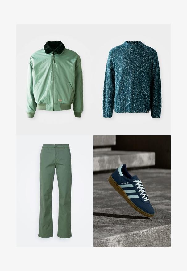 Zelená bomber bunda s čiernym umelým kožušinovým golierom, so zipsovým zapínaním, elastickými manžetami a pásom, a bočnými vreckami. Hladký, lesklý materiál.; Tyrkysový pletený sveter s textúrovaným vzorom, vysokým golierom a rebrovaným lemom. Vyrobený z mäkkej látky s mierne voľným strihom.; Zelené bavlnené nohavice so strihom rovného nohavicu, s predným zapínaním na gombík a bočnými vreckami. Hladká textúra a bez vzorov.; Modré tenisky Adidas Spezial s bielymi pruhmi a šnúrkami, gumovou podrážkou, plávajúce nad drsným betónovým povrchom a schodmi v pozadí.