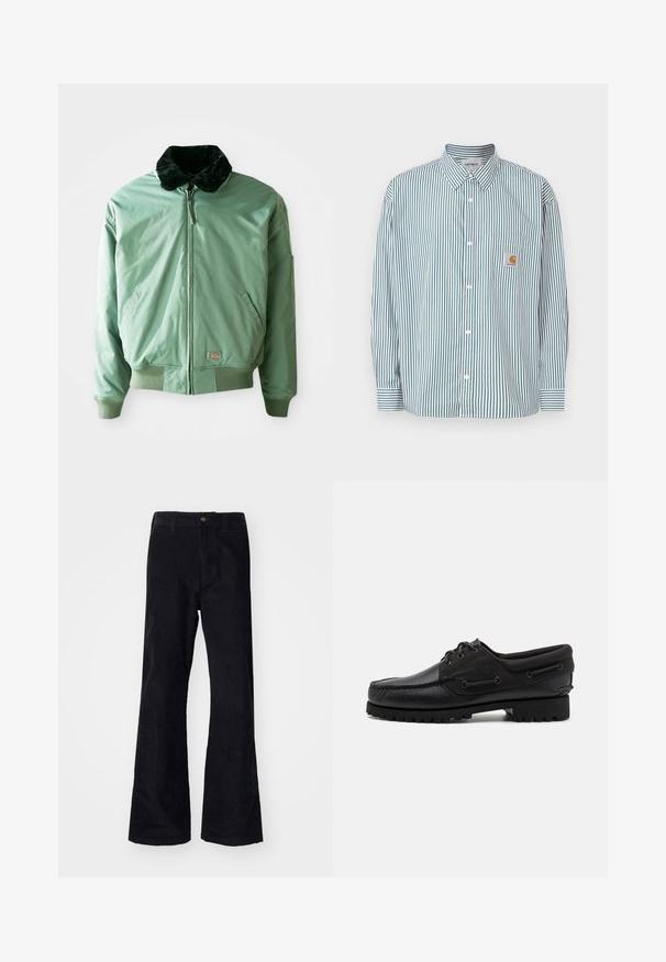 Grüne Bomberjacke mit einem schwarzen Kunstfellkragen, Reißverschluss, gerippten Bündchen und Saum sowie seitlichen Taschen. Glattes, glänzendes Material.; Gestreiftes Hemd in Grün und Weiß, mit Button-Down-Kragen, langen Ärmeln, Brusttasche und einem kleinen Logolabel.; Schwarze, baumwollene Schlaghose mit traditionellem Bund, einem einzelnen vorderen Knopf und Taschen an den Seiten und hinten. Glatte Textur.; Schwarzer Schuh mit einem Obermaterial aus Leder, textilen Akzenten, runden Schnürsenkeln und einer strukturierten Gummisohle. Verfügt über Mokassin-Nähte und eine Markeninschrift.