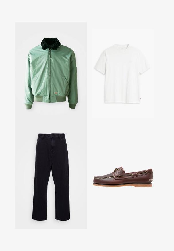 Groene bomberjack met een zwart nepmoffelkragen, ritssluiting, geribde manchetten en tailleband, en zijzakken. Glad, glanzend materiaal.; Wit katoenen T-shirt met korte mouwen, ronde hals en een subtiel "Levi's" logo in een lichte kleur op de voorkant gedrukt.; Zwarte denim broek met een rechte pijpdesign, voorzien van een knoop- en ritssluiting, riemlussen en minimale stikdetails.; Bruine leren bootschoen met witte stiksels, veterdetails en beige rubberen zool, zijaanzicht op een witte achtergrond.