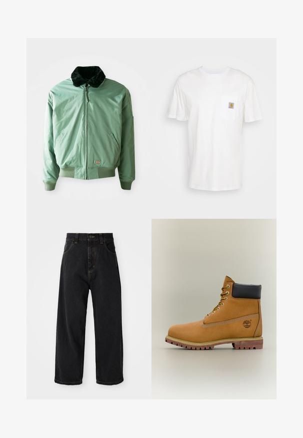 Grüne Bomberjacke mit einem schwarzen Kunstfellkragen, Reißverschluss, gerippten Bündchen und Saum sowie seitlichen Taschen. Glattes, glänzendes Material.; Weißes Baumwoll-T-Shirt mit kurzen Ärmeln, einer Brusttasche und einem kleinen quadratischen Logopatch in Orange und Weiß auf der Tasche.; Schwarze, weit geschnittene Jeans mit hoher Taille, vorderem Knopf, Reißverschluss und gelben Nähten an Taschen und Nähten.; Brauner Leder-Stiefelette mit schwarzem Kragen, gelben Schnürsenkeln und hellbrauner Sohle. Verfügt über ein Logo und weiße Ziernähe. Robuste Profilsohle.