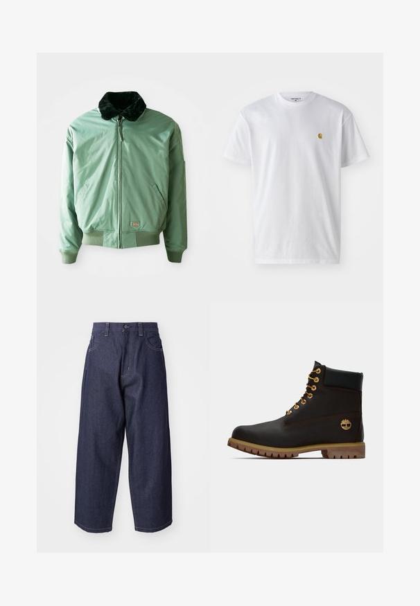 Grüne Bomberjacke mit einem schwarzen Kunstfellkragen, Reißverschluss, gerippten Bündchen und Saum sowie seitlichen Taschen. Glattes, glänzendes Material.; Weißes Baumwoll-T-Shirt mit kurzen Ärmeln, Rundhalsausschnitt, mit einem kleinen goldenen Logo im linken Brustbereich. Weicher Stoff und normale Passform.; Dunkelblaue Denim-Jeans mit einem lockeren, weiten Schnitt. Zu den Merkmalen gehören ein Knopfverschluss, Fronttaschen und sichtbare Nähte.; Schwarze Leder-Ankle-Boots mit goldenen Ösen, braunen Akzenten und einer Gummisohle. Verfügt über einen gepolsterten Schaft und ein geprägtes Logo an der Seite.