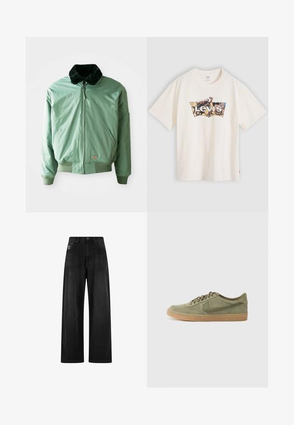 Groene bomberjack met een zwart nepmoffelkragen, ritssluiting, geribde manchetten en tailleband, en zijzakken. Glad, glanzend materiaal.; Roomkleurig katoenen T-shirt met een grafische print van een tweekleurig Levi's-logo en een artistieke scène in het midden. Korte mouwen, standaard pasvorm.; Zwart denim broek met wijde pijpen en hoge taille, voorzien van vier zakken en een klein logo-label aan de voorkant. Zachte textuur, eenvoudig ontwerp.; Groene suède sneaker met een gumrubberen zool, ronde neus en vetersluiting. Voorzien van het kenmerkende logo van Nike in een donkerder groen.