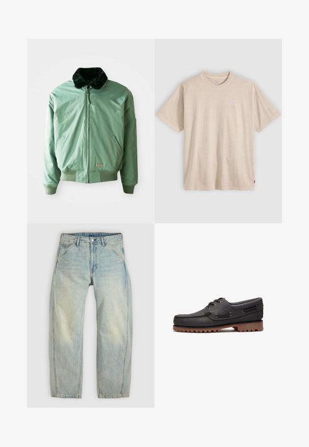Groene bomberjack met een zwart nepmoffelkragen, ritssluiting, geribde manchetten en tailleband, en zijzakken. Glad, glanzend materiaal.; Beige T-shirt met korte mouwen en ronde hals, voorzien van een subtiel Levi's-logo op de borst en een klein rood label aan de zijnnaad.; Lichtblauwe jeans met wijde pijpen, gemaakt van denim. Heeft vijf zakken, een knoopsluiting en vervaagde plekken voor een versleten uitstraling.; Zwart leren bootschoen met veters, ronde neus, gestructureerde bruine rubberen zool en gestikte leren zijkanten.